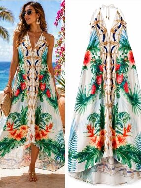 TROPICAL Halter MAXI Hem Resort SUMMER DRESS Vacation Boho WOMEN'S Size M L